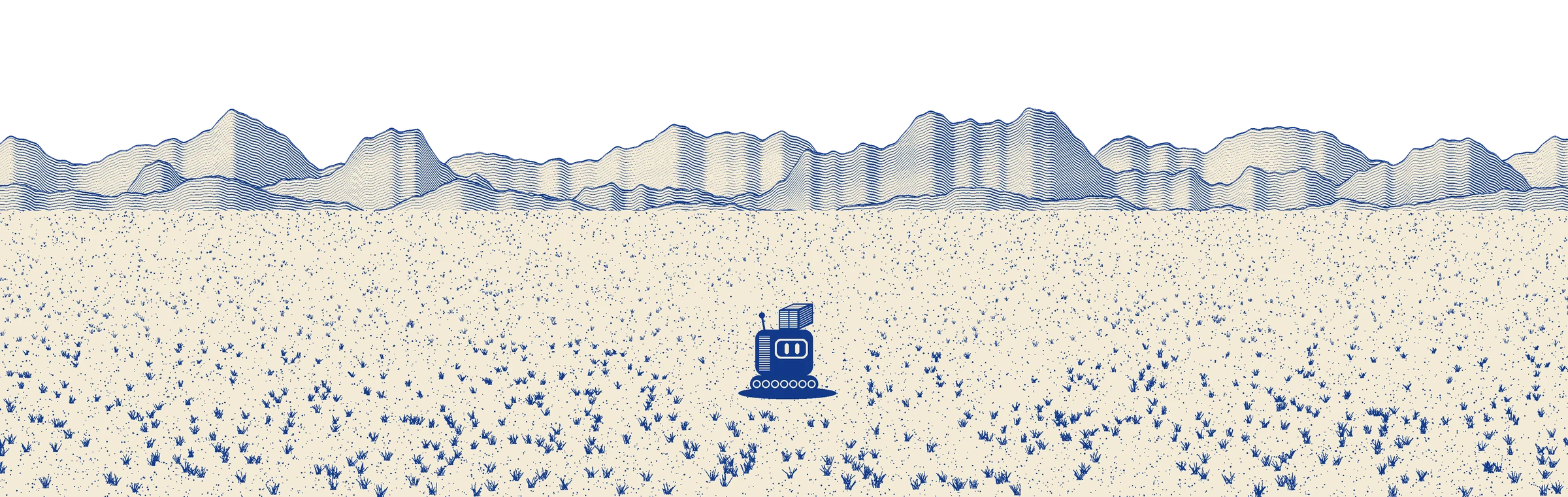 Engraved landscape: a small robot carrying a parcel across an open plain beneath distant mountains